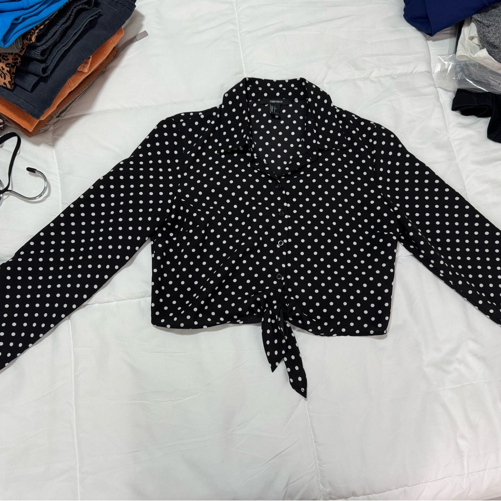Cropped Black and White Polka Dot Button Down Shirt